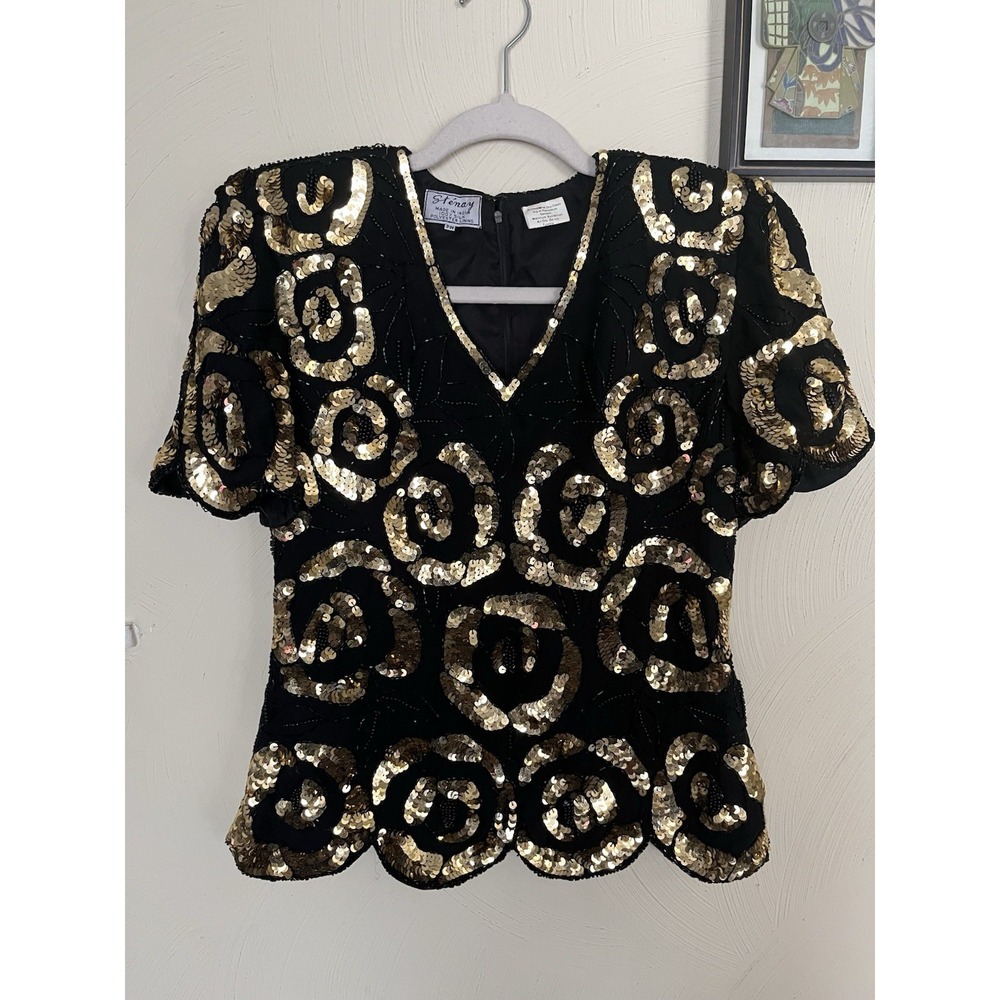 Vintage Stenay Silk Size PM Black And Gold Sequins Short Sleeve Blouse Top